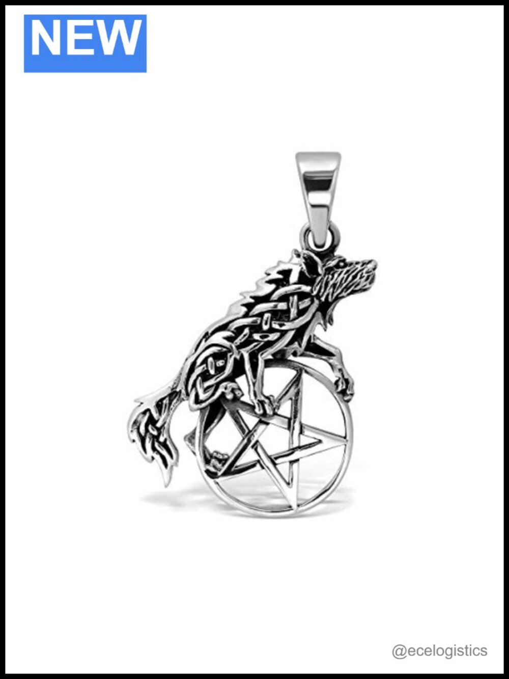 Sterling Silver 925 Celtic Howling Wolf Triquetra Pentagram Pendant Necklace